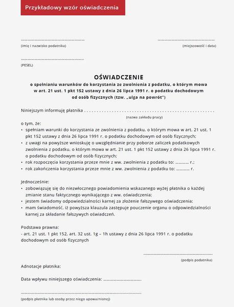 Dokumentacja ulgi na powrót